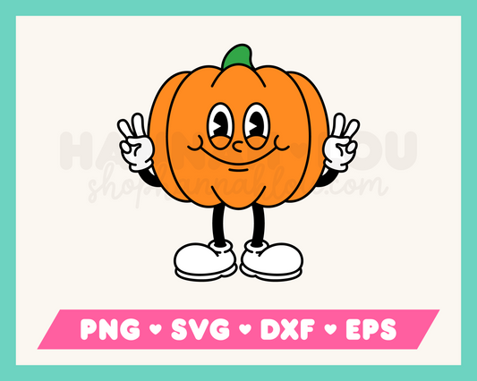 My cartoon mascot-style Retro Pumpkin SVG is part of my Fall SVG Files for Cricut collection, and features a rubberhose pumpkin mascot giving the peace sign.