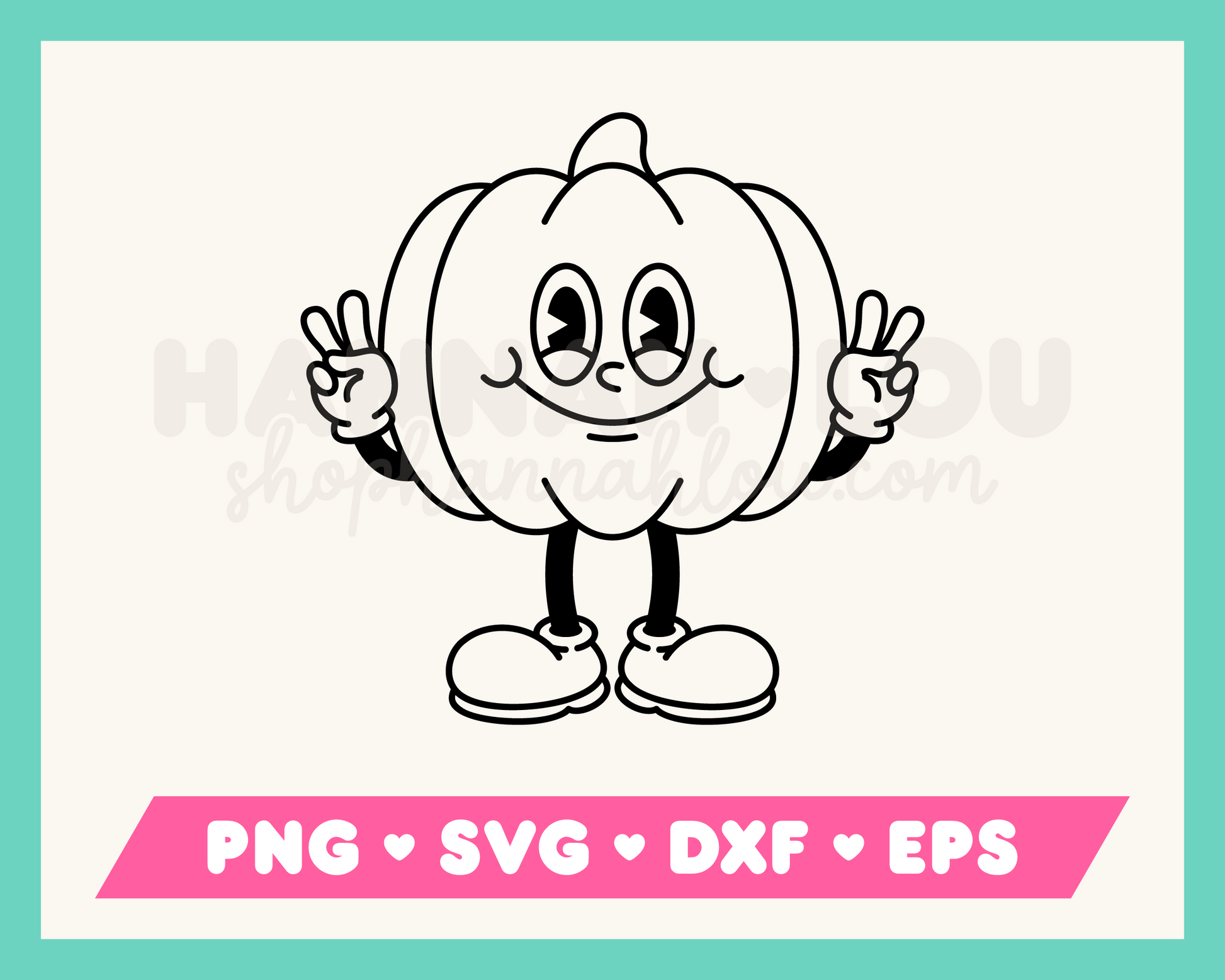 My cartoon mascot-style Retro Pumpkin SVG is part of my Fall SVG Files for Cricut collection, and features an outline of a rubberhose pumpkin mascot giving the peace sign.