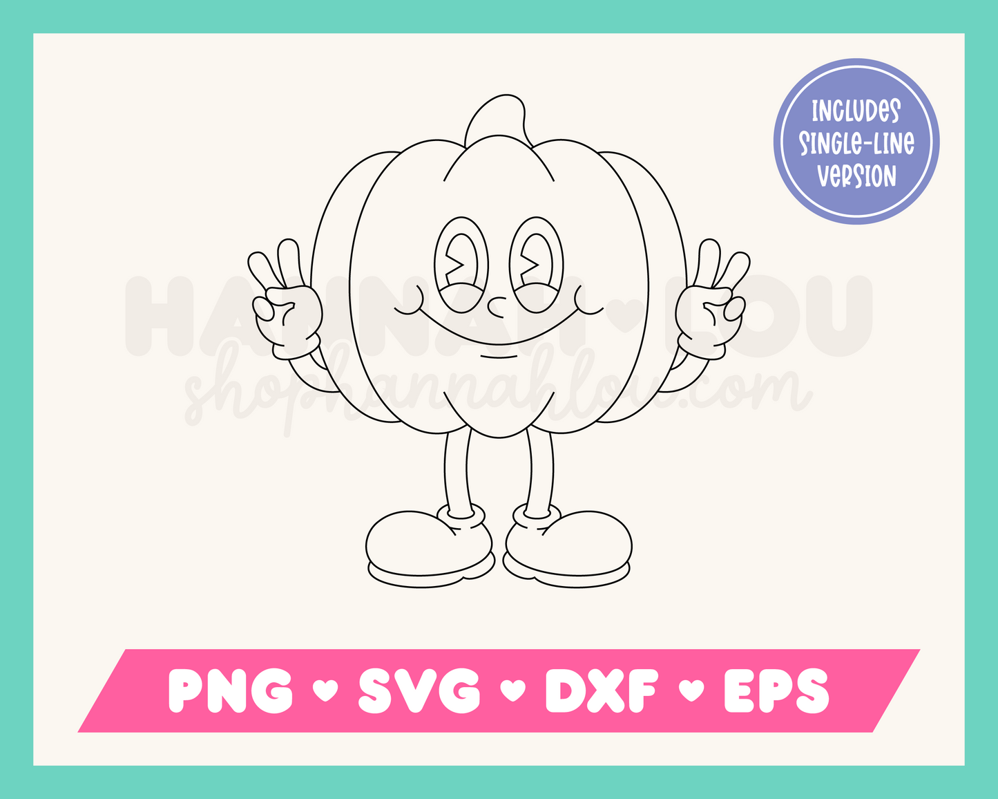 My cartoon mascot-style Retro Pumpkin SVG is part of my Fall SVG Files for Cricut collection, and features a single-line drawing of a rubberhose pumpkin mascot giving the peace sign.