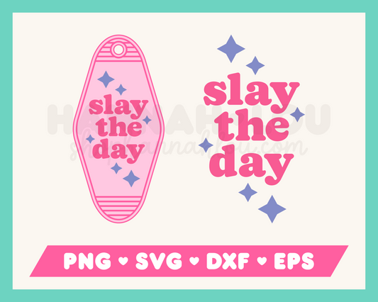 My Slay the Day Motel Keychain SVG is part of my Motel Keychain SVG Files for Cricut collection, and features a motel keychain with the words Slay the Day on it with sparkles.