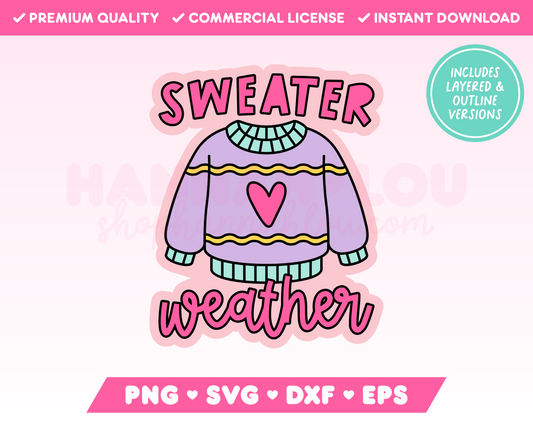 My autumnal Sweater Weather SVG is part of my Fall SVG Files for Cricut collection, and features a cute sweater surrounded by the phrase Sweater Weather.