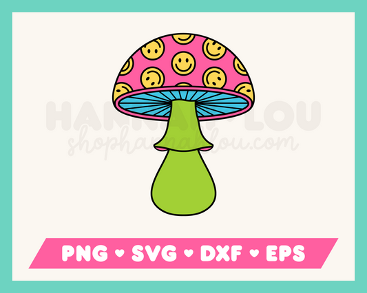 My psychedelic Trippy Mushroom SVG is part of my Hippie SVG files for Cricut collection, and features a retro trippy mushroom covered in happy faces.