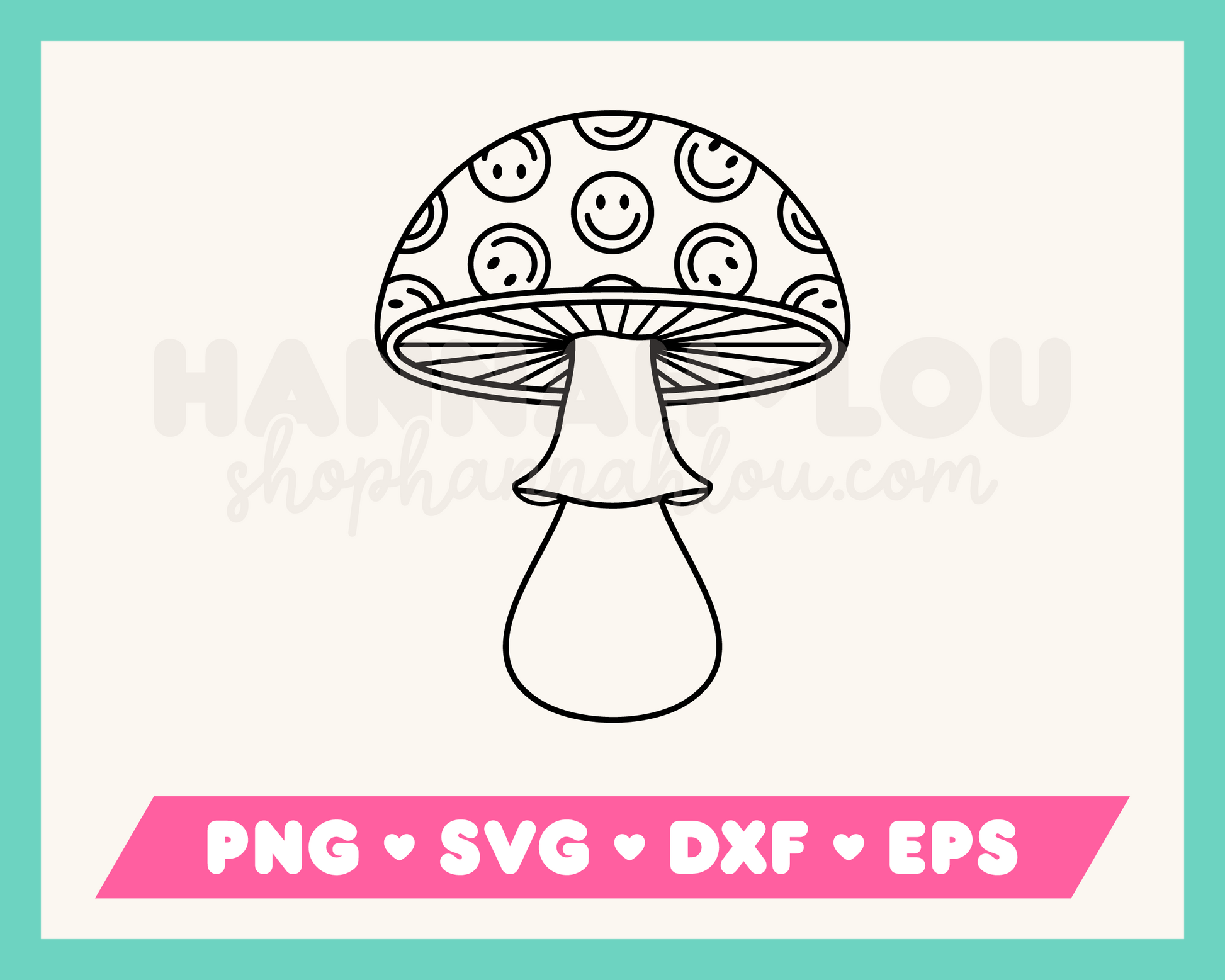 My psychedelic Trippy Mushroom SVG is part of my Hippie SVG files for Cricut collection, and features an outline of a  retro trippy mushroom covered in happy faces.