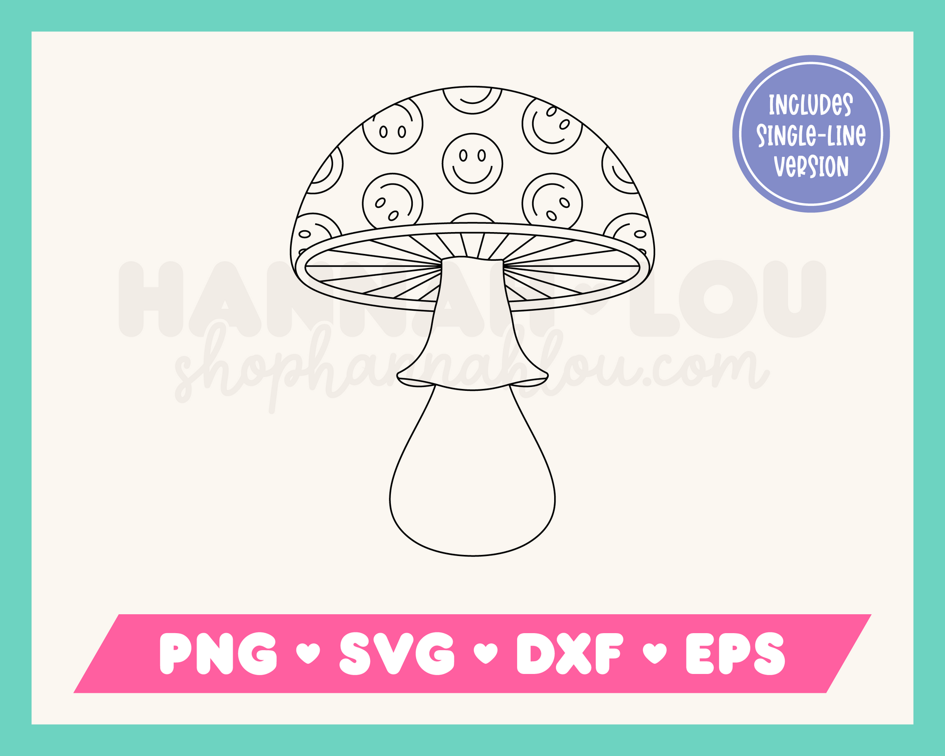 My psychedelic Trippy Mushroom SVG is part of my Hippie SVG files for Cricut collection, and features a single-line drawing of a retro trippy mushroom covered in happy faces.