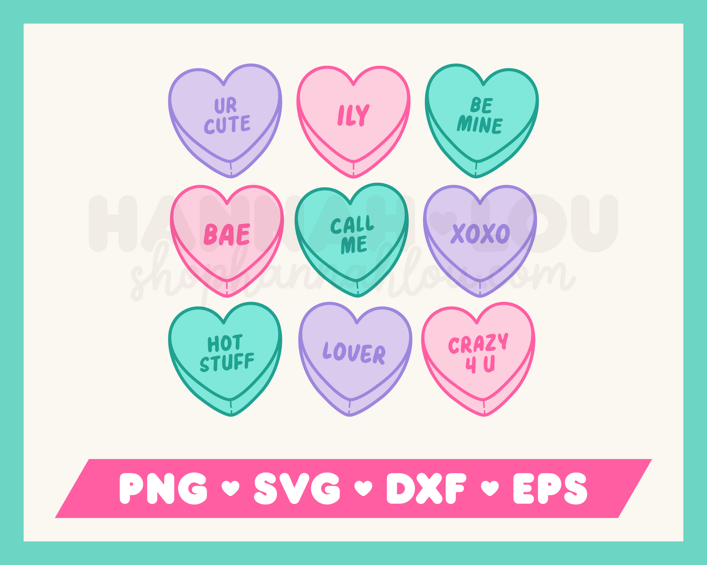 My Valentine's Day Candy Hearts SVG is part of my Valentine's Day SVG Files for Cricut collection, and features nine conversation hearts with phrases like Call Me and Crazy 4 U on them.