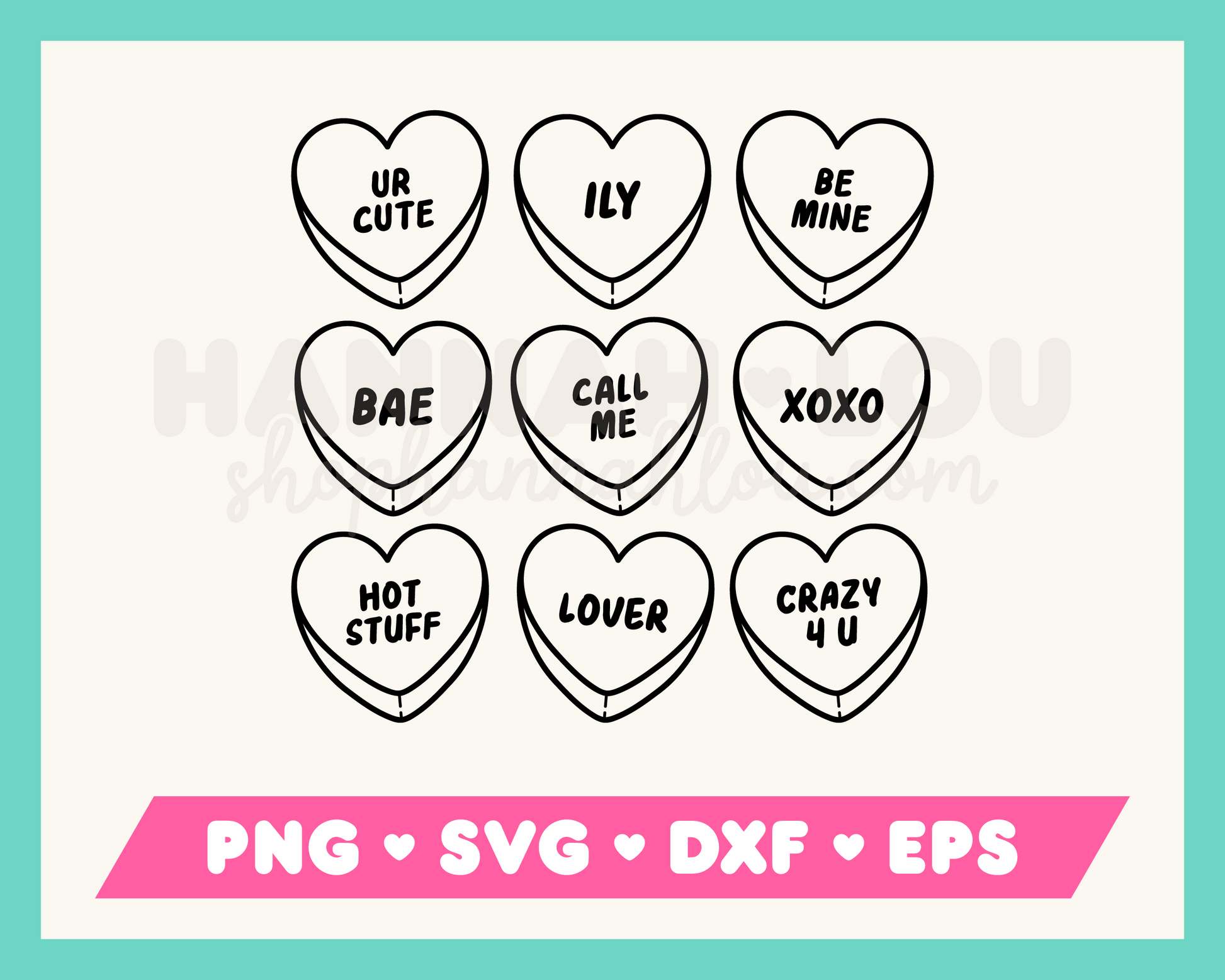 My Valentine's Day Candy Hearts SVG is part of my Valentine's Day SVG Files for Cricut collection, and features an outline of nine conversation hearts with phrases like Call Me and Crazy 4 U on them.