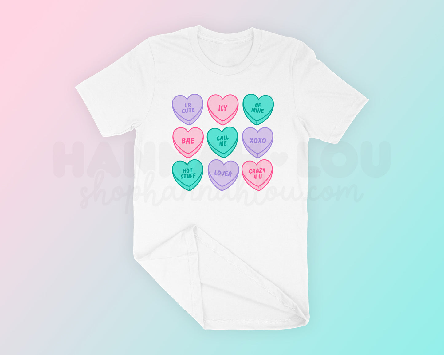 My Valentine's Day Candy Hearts SVG is part of my Valentine's Day SVG Files for Cricut collection, and features nine conversation hearts with phrases like Call Me and Crazy 4 U on them, on a t-shirt.