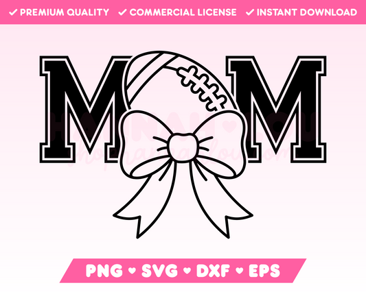 My trendy Varsity American Football Mom SVG is part of my American Football SVG Files for Cricut collection, and features the word Mom in a varsity-style font with an American football in place of the letter O, and an oversized coquette bow.