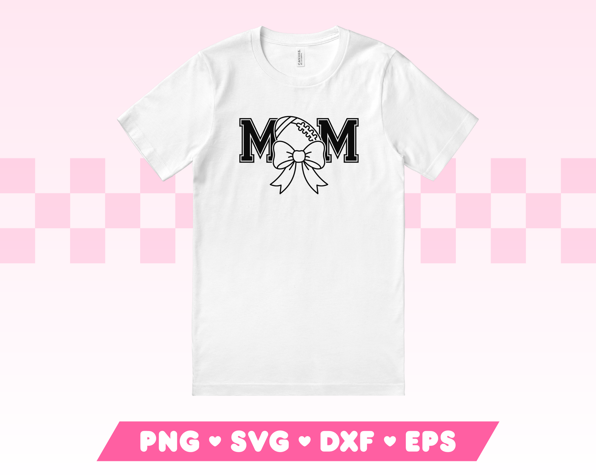 My trendy Varsity American Football Mom SVG is part of my American Football SVG Files for Cricut collection, and features a t-shirt with the word Mom in a varsity-style font with an American football in place of the letter O, and an oversized coquette bow on it.