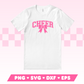 My trendy Varsity Cheer with Coquette Bow SVG is part of my Cheerleading SVG Files for Cricut collection, and features a shirt with the word Cheer in a varsity-style font with a coquette bow on it.