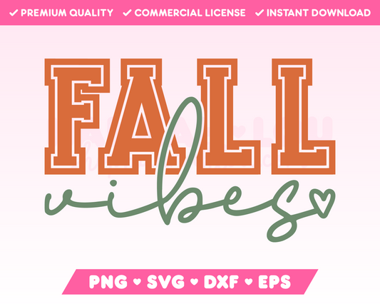 My autumnal Varsity Fall Vibes SVG is part of my Fall SVG Files for Cricut collection, and features the word Fall in a college varsity font, and the word vibes in cursive.