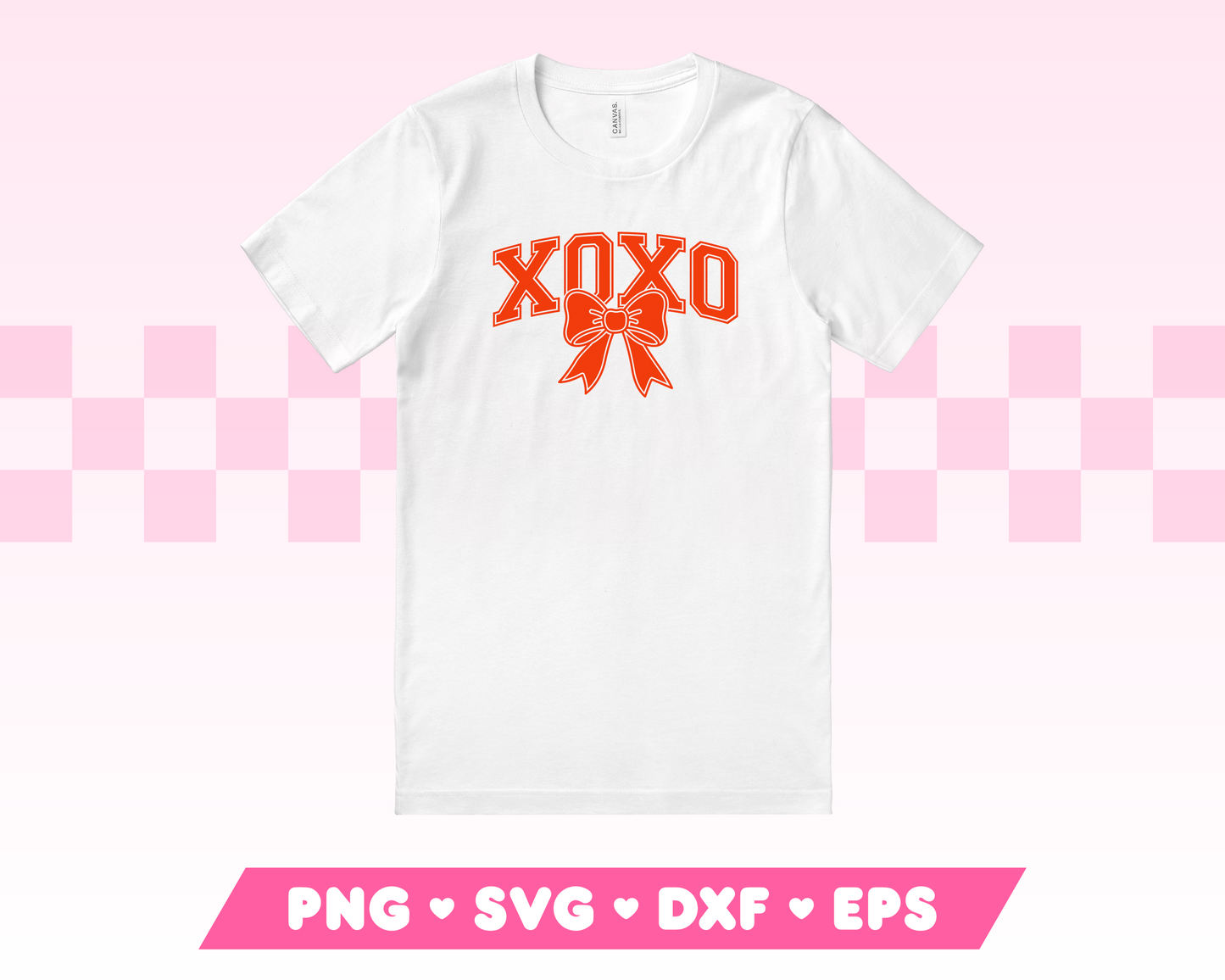 My trendy Varsity XOXO SVG is part of my Valentine's Day SVG Files for Cricut collection, and features the word XOXO in a varsity-style font on a t-shirt that's adorned with a coquette bow.